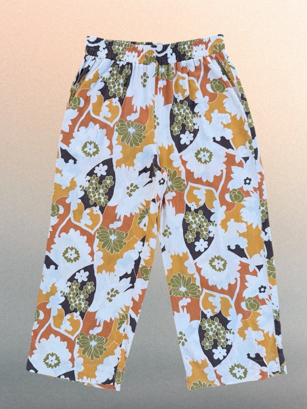 Christian Siriano Colorful Floral Wide-Leg Linen Blend Pull-On Pants, Women’s M